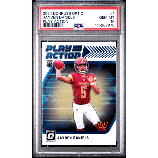 PSA graded Jayden Daniels 2024 Donruss Optic Play Action rookie card display