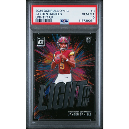 Graded 2024 Panini Donruss Optic Jayden Daniels #8 Light It Up Rookie RC Football Card PSA 10 Gem Mint | Hall of Fame Sports Memorabilia | vintageantiquesgifts.com