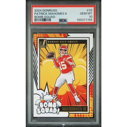 Graded 2024 Panini Donruss Patrick Mahomes II #33 Bomb Squad Football Card PSA 10 Gem Mint | Hall of Fame Sports Memorabilia | vintageantiquesgifts.com