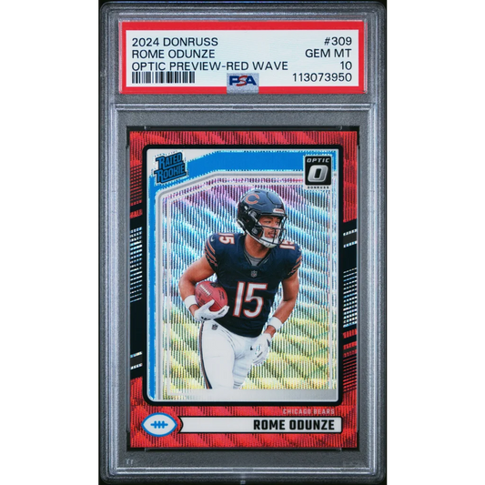 Graded 2024 Panini Donruss Rome Odunze #309 Optic Preview Red Wave Rookie RC Football Card PSA 10 Gem Mint | Hall of Fame Sports Memorabilia | vintageantiquesgifts.com