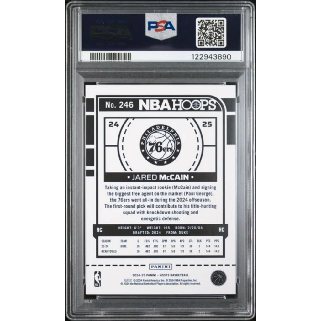 Graded 2024 Panini Hoops Jared McCain #246 Purple Explosion /110 Rookie RC Basketball Card PSA 10 Gem Mint | PSA 10 Gem Mint Graded Rookie Card | vintageantiquesgifts.com