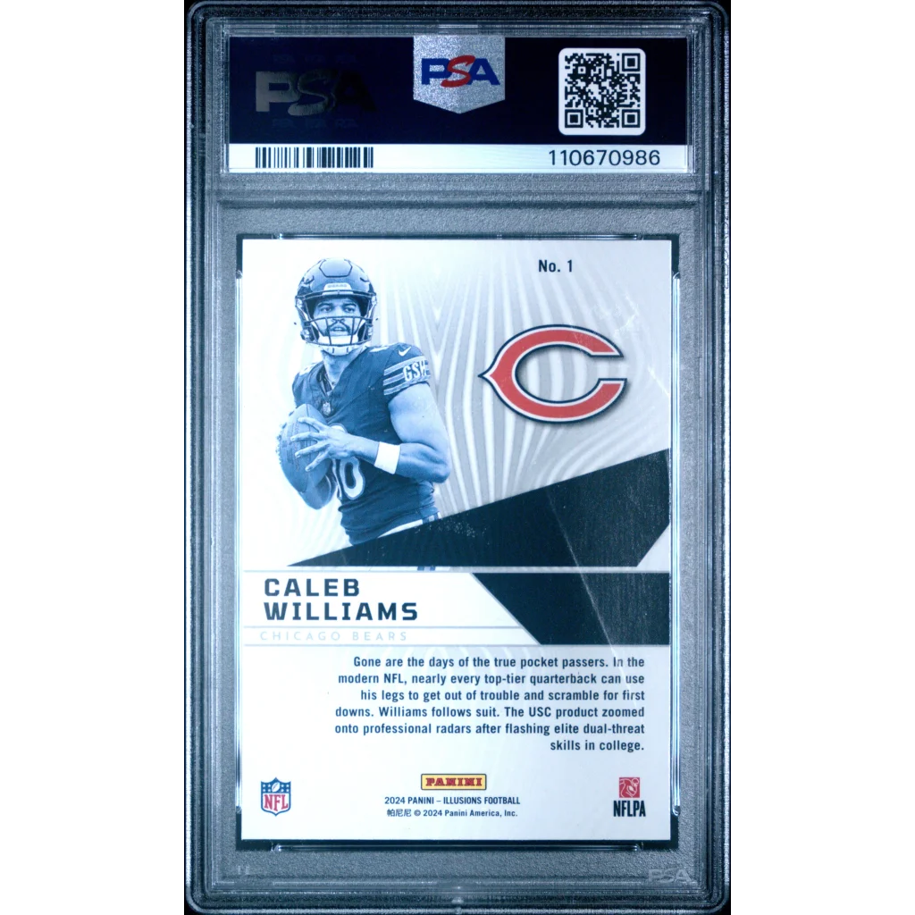 A graded PSA 10 Caleb Williams collectible football card in Gem Mint condition