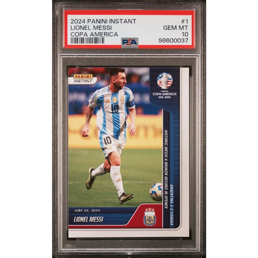 PSA graded 2024 Lionel Messi Copa America Panini Instant trading card on display