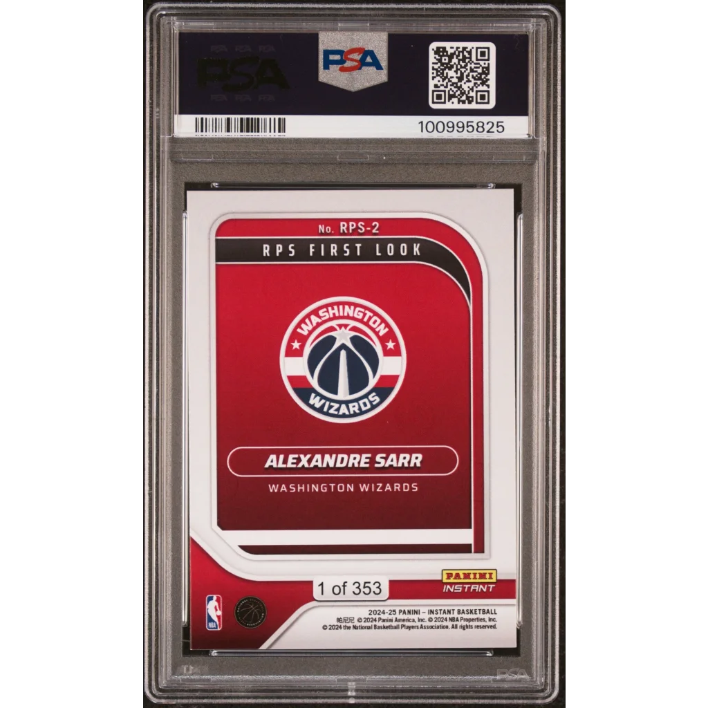 Graded PSA 9 2024 Panini Instant Alexandre Sarr Wizards Rookie RC Card in Red White Slab