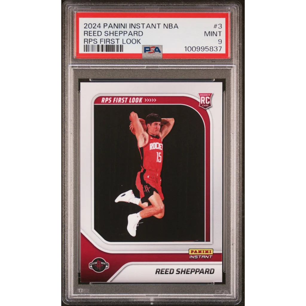 A graded 2024 Panini Instant NBA Reed Sheppard RPS basketball card in PSA holder