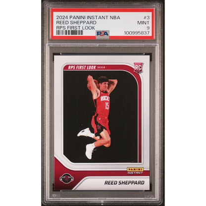 A graded 2024 Panini Instant NBA Reed Sheppard RPS basketball card in PSA holder