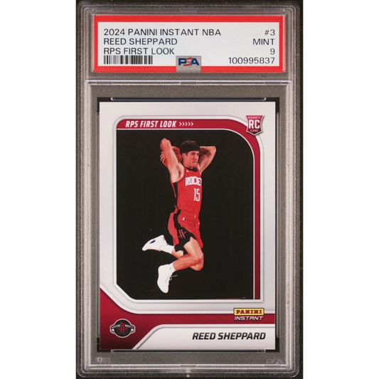 A graded 2024 Panini Instant NBA Reed Sheppard RPS basketball card in PSA holder