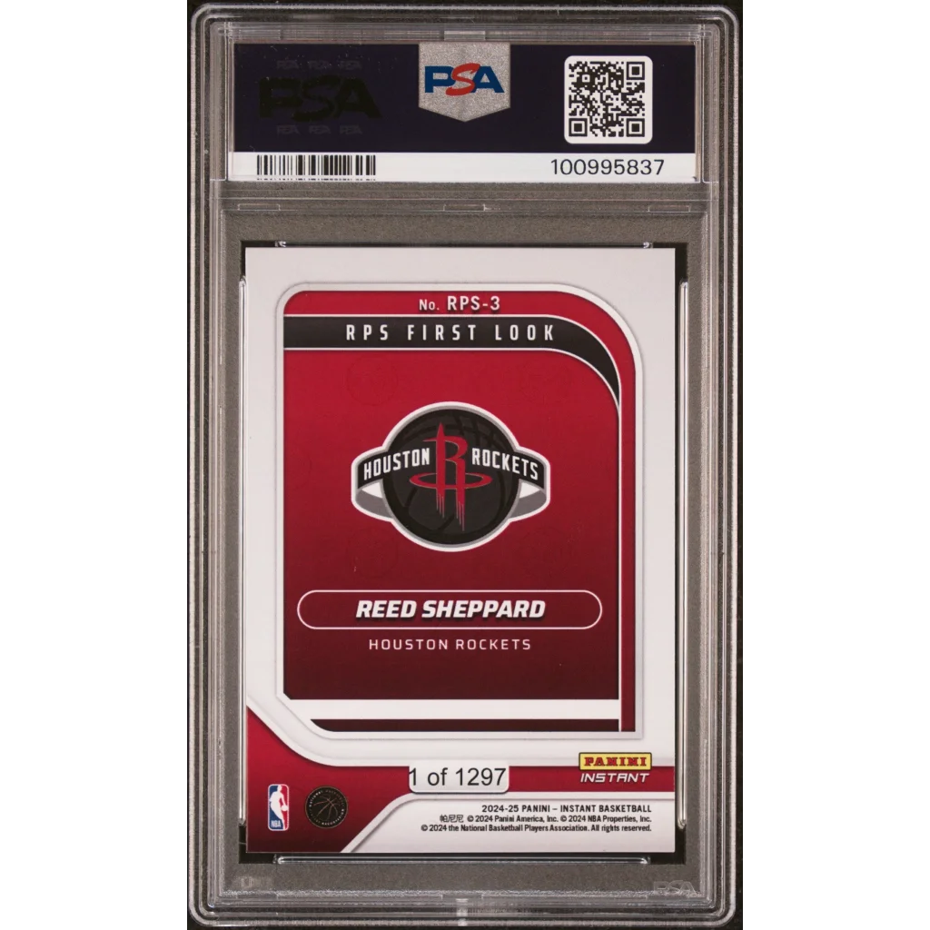 Graded Reed Sheppard Panini Instant Houston Rockets rookie basketball card in PSA case