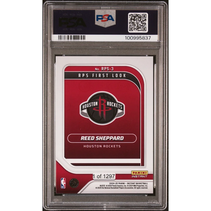 Graded Reed Sheppard Panini Instant Houston Rockets rookie basketball card in PSA case
