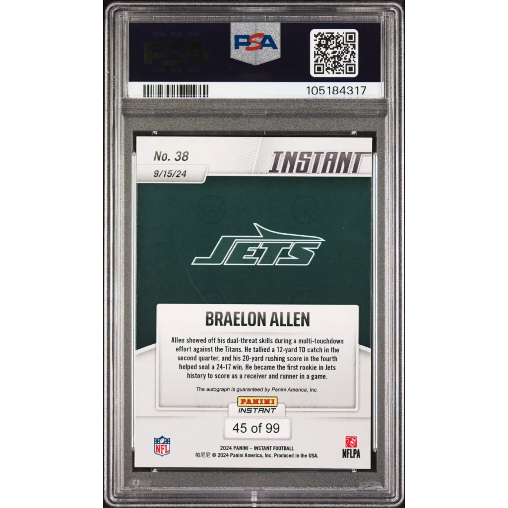 Graded 2024 Panini Instant NFL Braelon Allen #38 Autograph /99 Rookie RC Football Card PSA 9 Auto Grade Mint | PSA 9 Mint Graded Rookie Card | vintageantiquesgifts.com