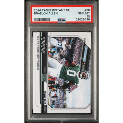 A graded 2024 Panini Instant NFL Braelon Allen rookie football card in PSA case