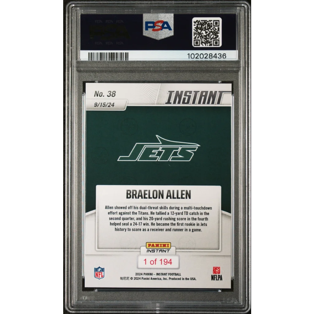 Graded 2024 Panini Instant NFL Braelon Allen #38 Rookie RC Football Card PSA 10 Gem Mint | PSA 10 Gem Mint Graded Rookie Card | vintageantiquesgifts.com