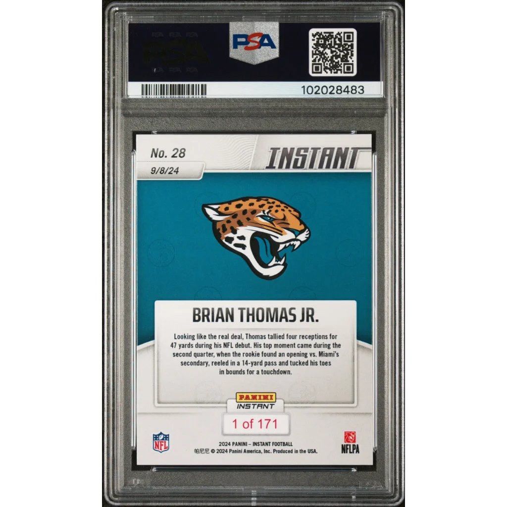 PSA graded Brian Thomas Jr 2024 Panini Instant NFL rookie card on display