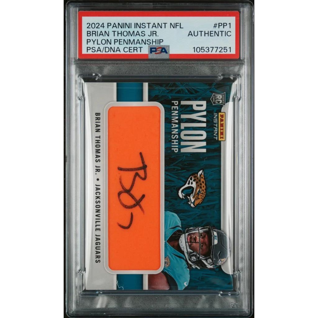 Graded 2024 Panini Instant NFL Brian Thomas Jr #PP1 Pylon Penmanship #/10 Rookie RC Football Card PSA Authentic Auto | Hall of Fame Sports Memorabilia | vintageantiquesgifts.com