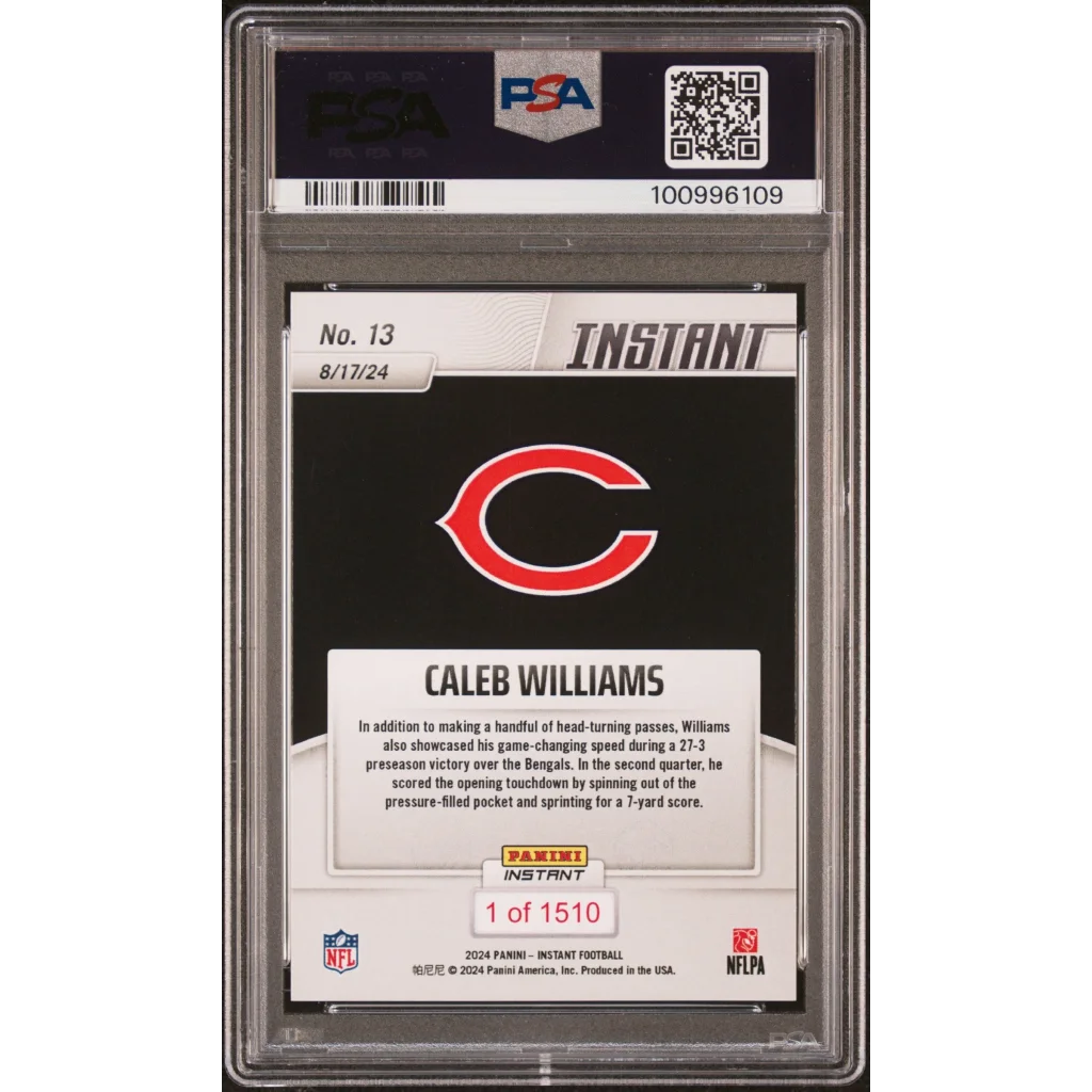 Graded 2024 Panini Instant NFL Caleb Williams #13 Rookie RC Football Card PSA 10 Gem Mint | PSA 10 Gem Mint Graded Rookie Card | vintageantiquesgifts.com