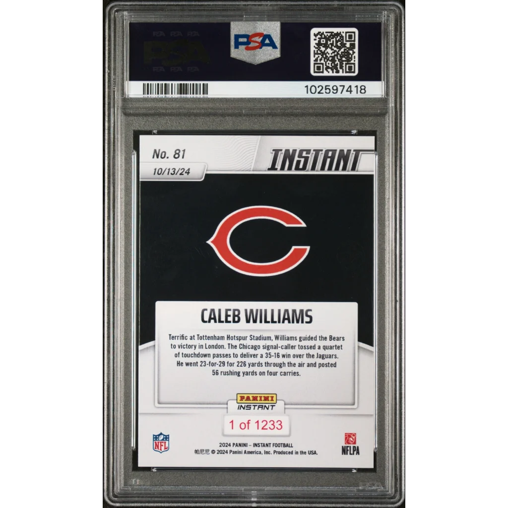 Graded Caleb Williams Panini Instant football card PSA 10 by Professional Sports Authenticator