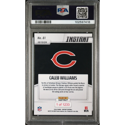 Graded Caleb Williams Panini Instant football card PSA 10 by Professional Sports Authenticator