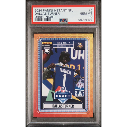 Graded 2024 Panini Instant NFL Dallas Turner #5 Draft Night Rookie RC Football Card PSA 10 Gem Mint | Hall of Fame Sports Memorabilia | vintageantiquesgifts.com