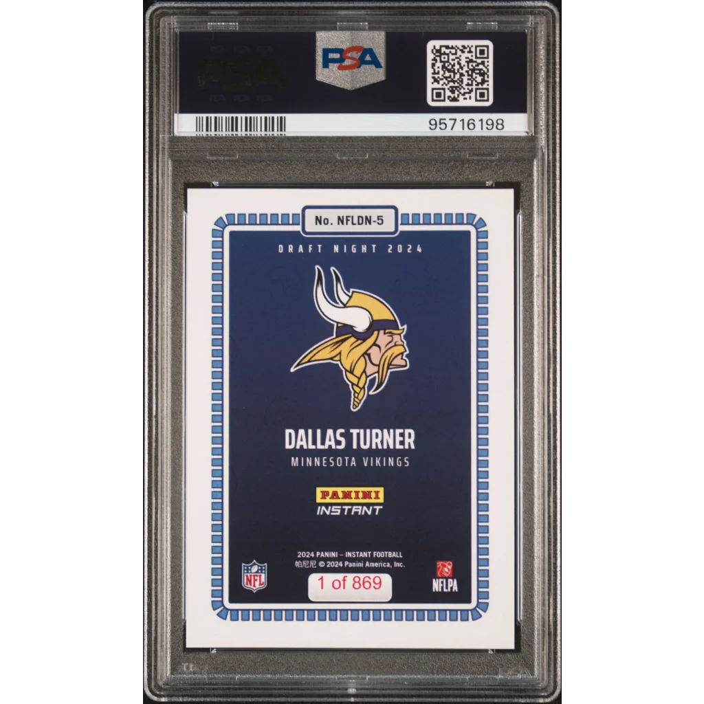 Graded 2024 Panini Instant NFL Dallas Turner #5 Draft Night Rookie RC Football Card PSA 10 Gem Mint | PSA 10 Gem Mint Graded Rookie Card | vintageantiquesgifts.com