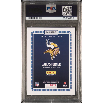 Graded 2024 Panini Instant NFL Dallas Turner #5 Draft Night Rookie RC Football Card PSA 10 Gem Mint | PSA 10 Gem Mint Graded Rookie Card | vintageantiquesgifts.com