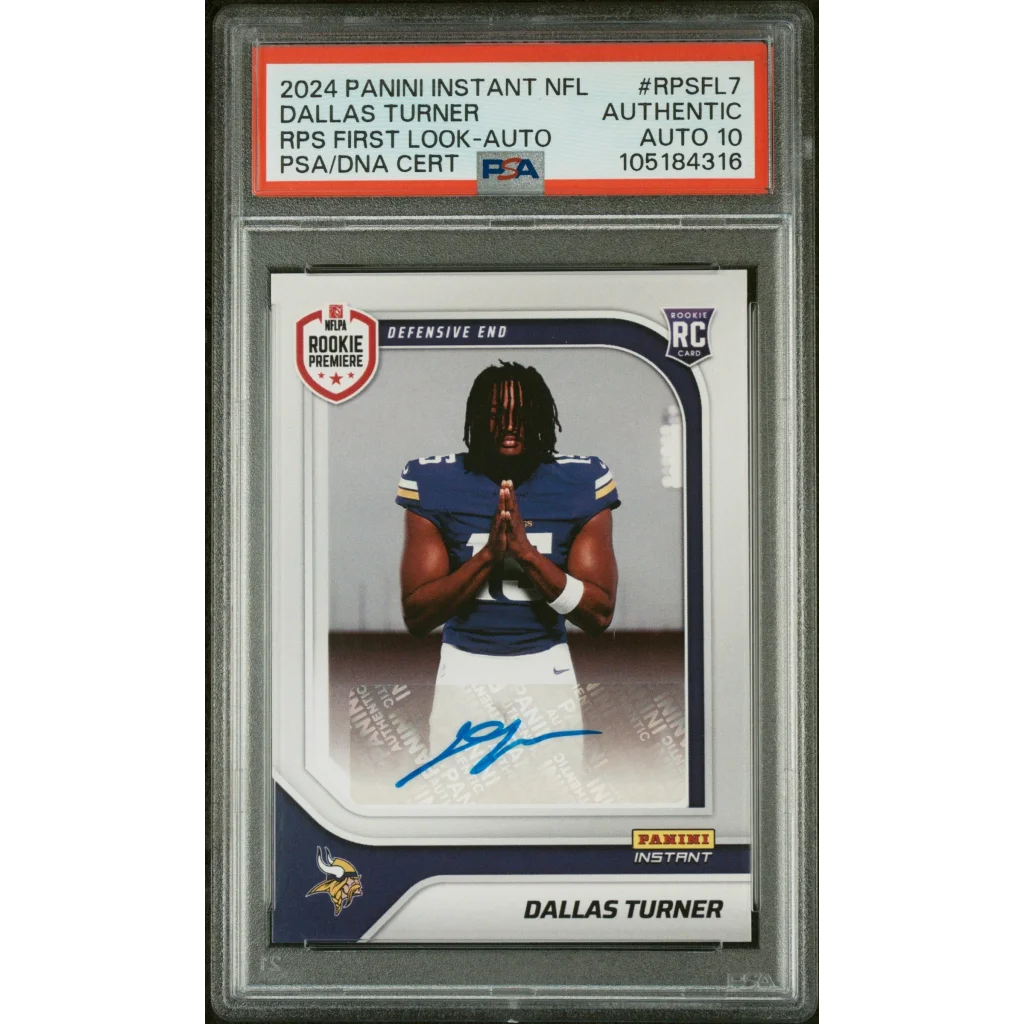 A graded 2024 Panini Instant Dallas Turner NFL rookie card with autograph in PSA case
