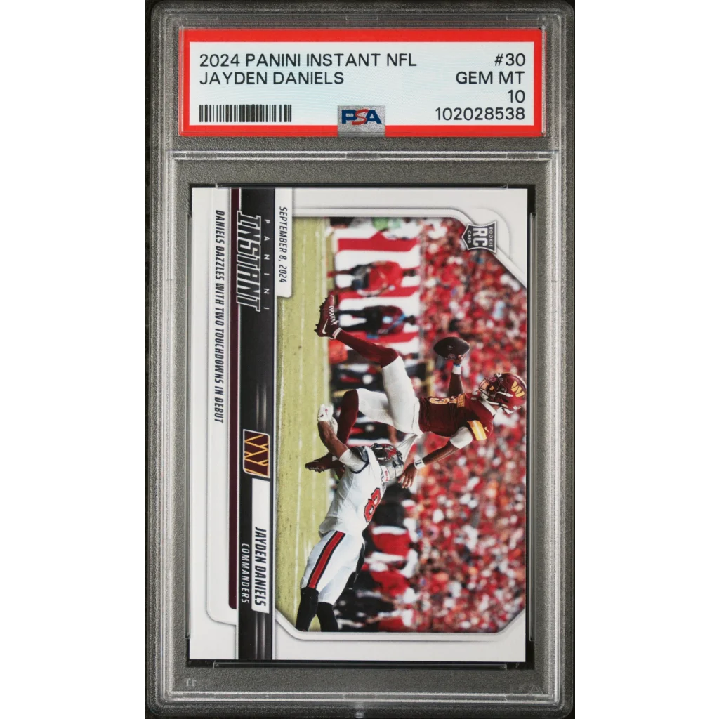 Graded 2024 Panini Instant NFL Jayden Daniels rookie football card in PSA holder