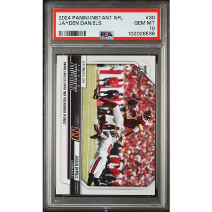 Graded 2024 Panini Instant NFL Jayden Daniels rookie football card in PSA holder