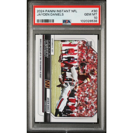 Graded 2024 Panini Instant NFL Jayden Daniels rookie football card in PSA holder