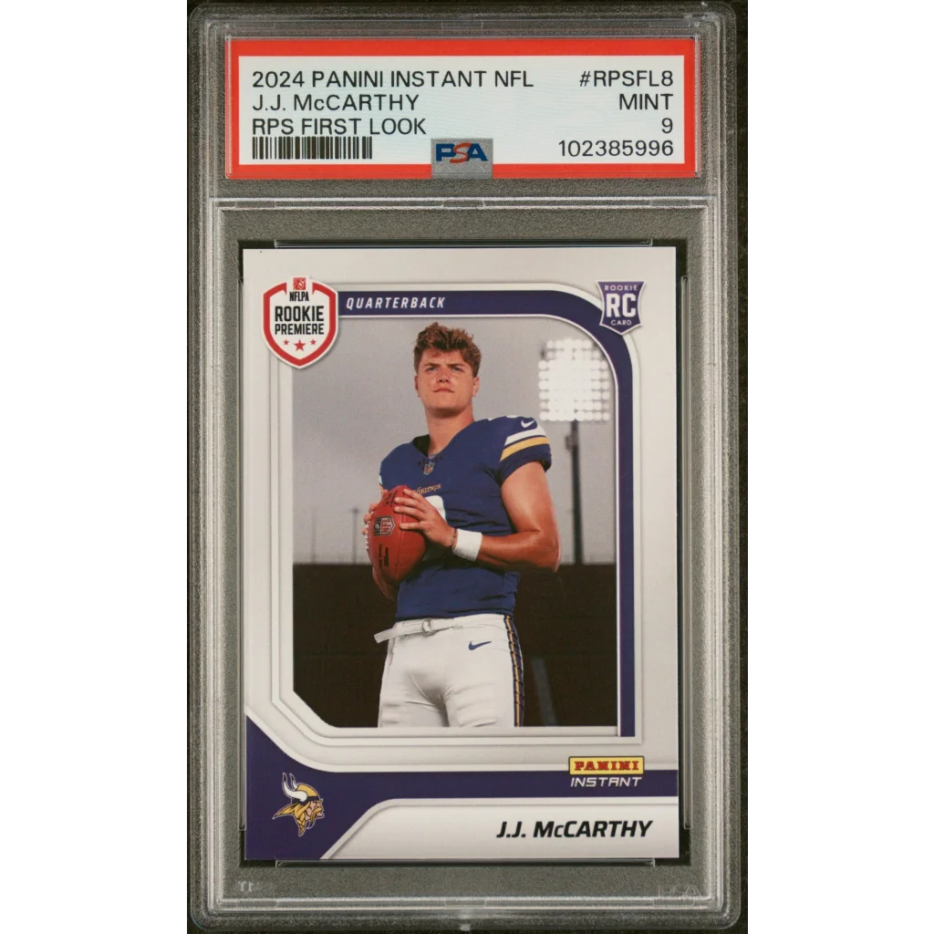 PSA graded 2024 Panini Instant NFL J.J. McCarthy rookie card on display