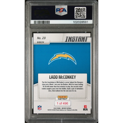 Graded 2024 Panini Instant Ladd McConkey Chargers rookie football card in PSA case