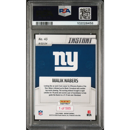 Graded Malik Nabers football trading card by PSA GEM MT 10, professional sports authenticator