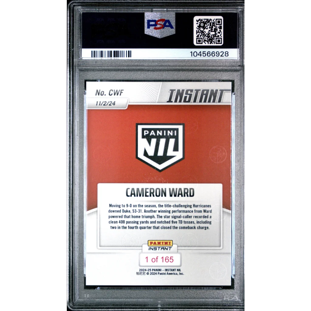 Graded 2024 Panini Instant NIL Cam Ward #CWF Rookie RC Football Card PSA 10 Gem Mint | PSA 10 Gem Mint Graded Rookie Card | vintageantiquesgifts.com
