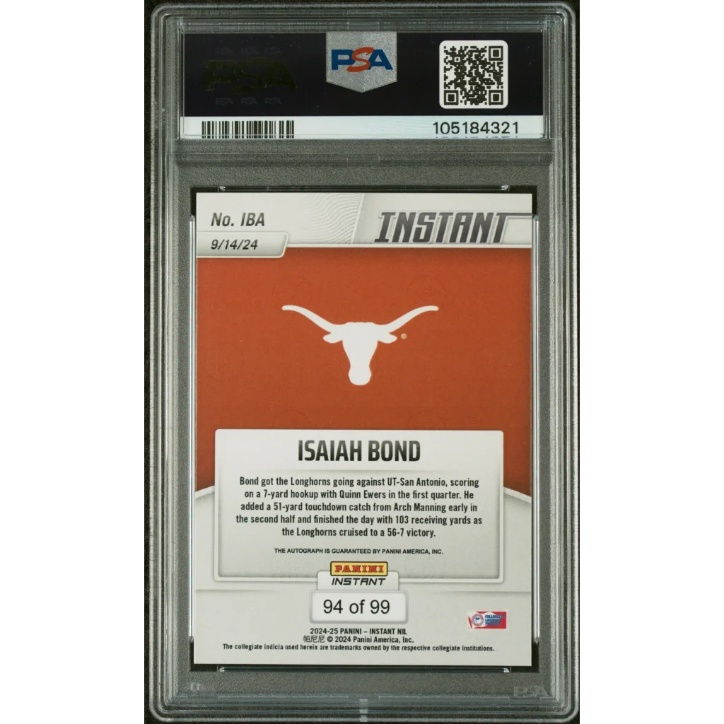 Graded 2024 Panini Instant NIL Isaiah Bond #IBA Autograph /99 Rookie RC Football Card PSA 10 Auto Grade Gem Mint | PSA 10 Gem Mint Graded Rookie Card | vintageantiquesgifts.com