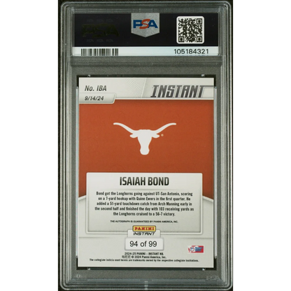 Graded 2024 Panini Instant NIL Isaiah Bond #IBA Autograph /99 Rookie RC Football Card PSA 10 Auto Grade Gem Mint | PSA 10 Gem Mint Graded Rookie Card | vintageantiquesgifts.com