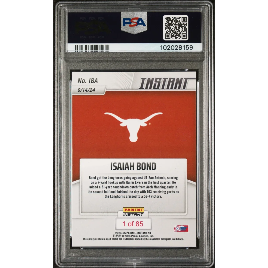 Isaiah Bond 2024 NIL sports trading card in PSA slab serial numbered 1 of 85