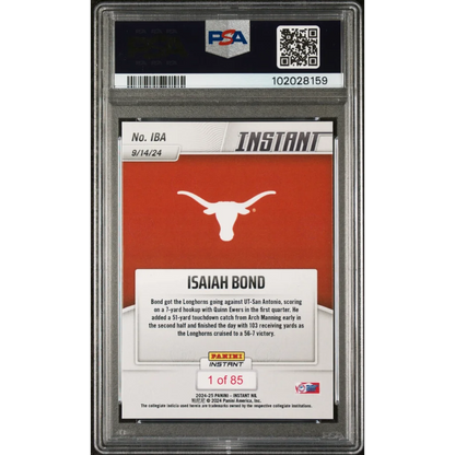 Isaiah Bond 2024 NIL sports trading card in PSA slab serial numbered 1 of 85