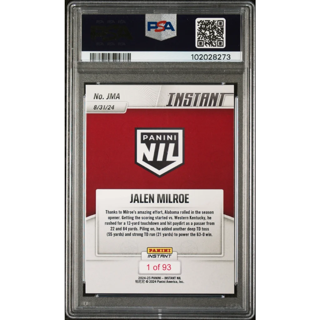 Graded PSA 9 2024 Panini Instant Jalen Milroe Rookie RC Card Slab