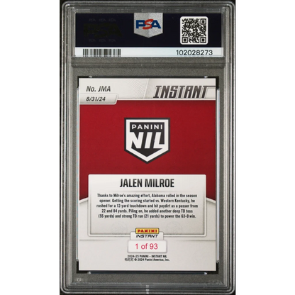 Graded PSA 9 2024 Panini Instant Jalen Milroe Rookie RC Card Slab