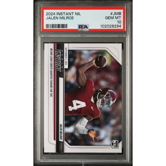 Graded 2024 Panini Instant NIL Jalen Milroe #JMB Rookie RC Football Card PSA 10 Gem Mint | Hall of Fame Sports Memorabilia | vintageantiquesgifts.com
