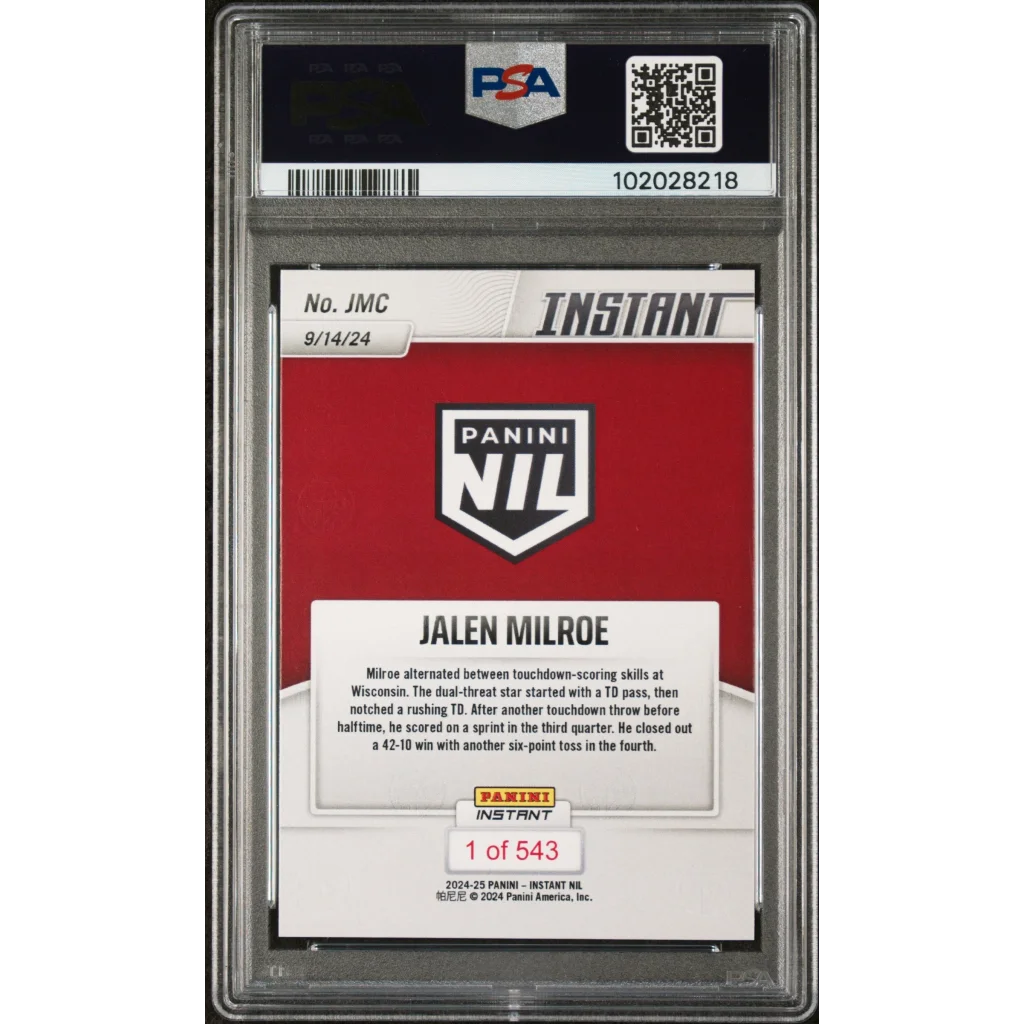 Graded PSA 9 2024 Panini Instant Jalen Milroe NIL Rookie RC Card in Red White Slab