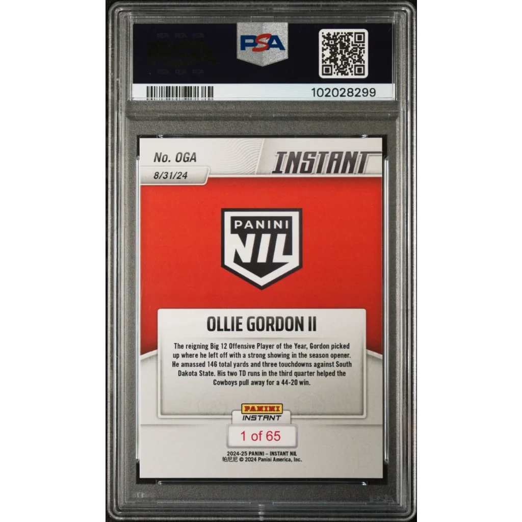 PSA Graded Ollie Gordon II Panini Instant NIL football trading card on display
