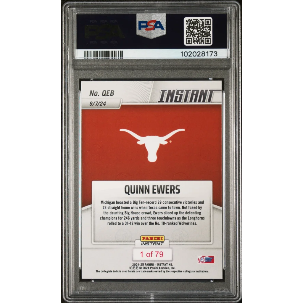 Graded 2024 Panini Instant NIL Quinn Ewers #QEB Rookie RC Football Card PSA 10 Gem Mint | PSA 10 Gem Mint Graded Rookie Card | vintageantiquesgifts.com
