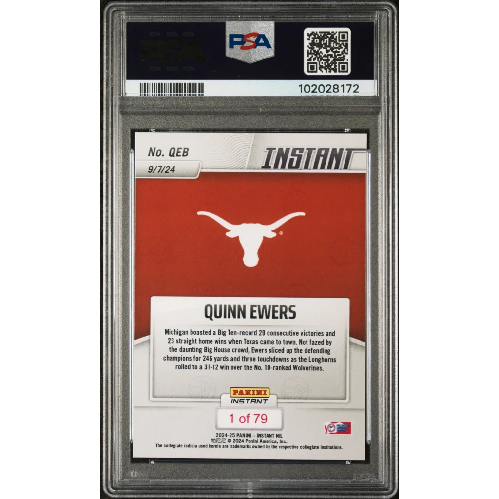 Graded 2024 Panini Instant NIL Quinn Ewers #QEB Rookie RC Football Card PSA 9 Mint | PSA 9 Mint Graded Rookie Card | vintageantiquesgifts.com