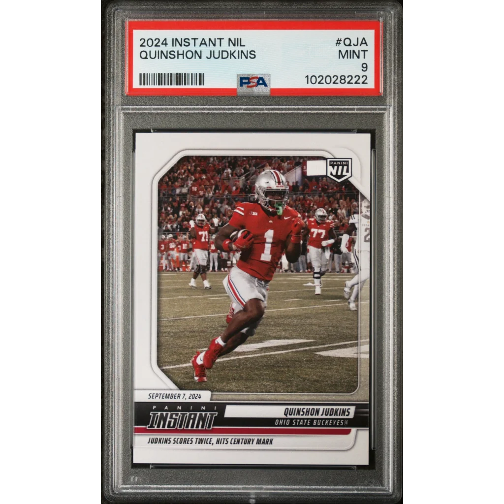 PSA graded football card of player in red jersey with number 1, collectible sports card