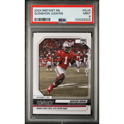 PSA graded football card of player in red jersey with number 1, collectible sports card