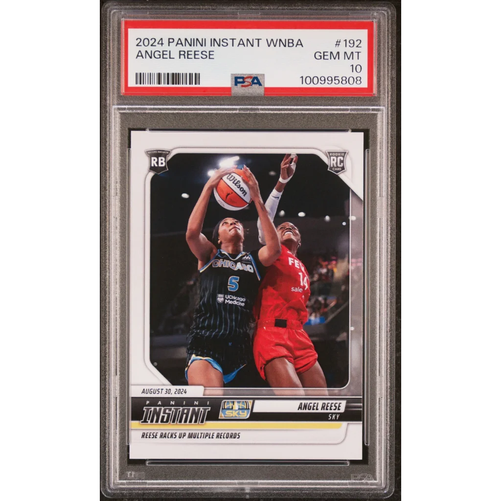 PSA graded 2024 Panini Instant WNBA Angel Reese rookie basketball card on display