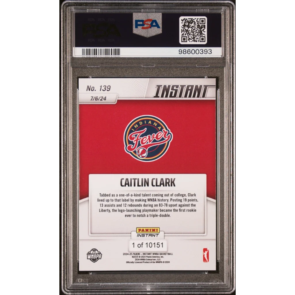 Graded Caitlin Clark Indiana Fever basketball card from 2024 Panini Instant WNBA Rookie Card