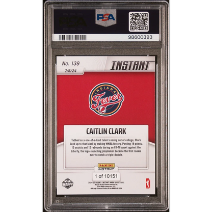 Graded Caitlin Clark Indiana Fever basketball card from 2024 Panini Instant WNBA Rookie Card