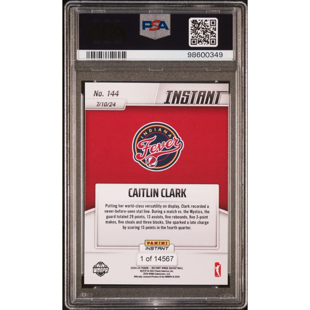 Graded Caitlin Clark 2024 Panini Instant WNBA Rookie Card on display