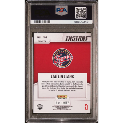 Graded Caitlin Clark 2024 Panini Instant WNBA Rookie Card on display